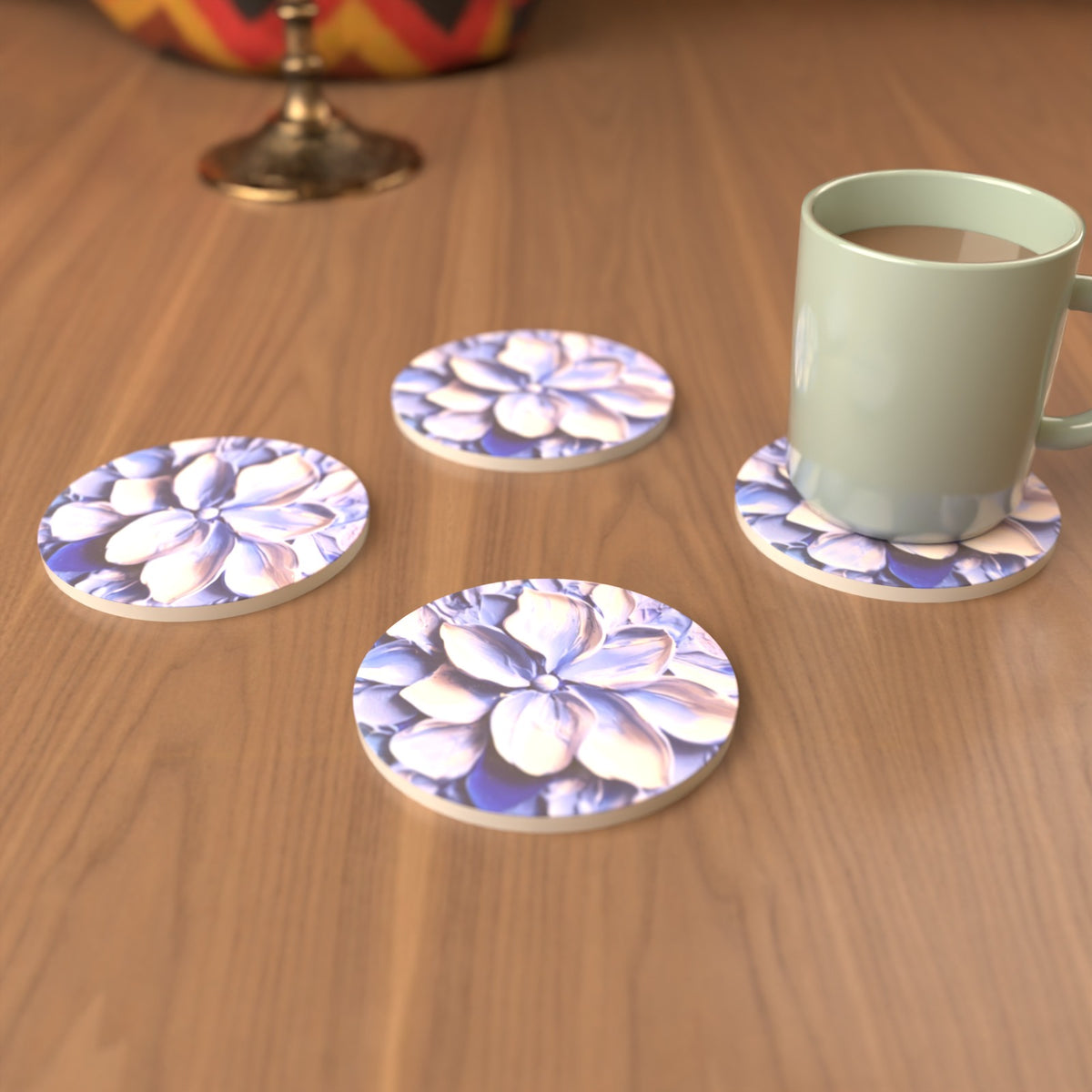 Lilac Lily Oil Painting Round Ceramic Coasters – Set of 6 – lifestyle mockup 3