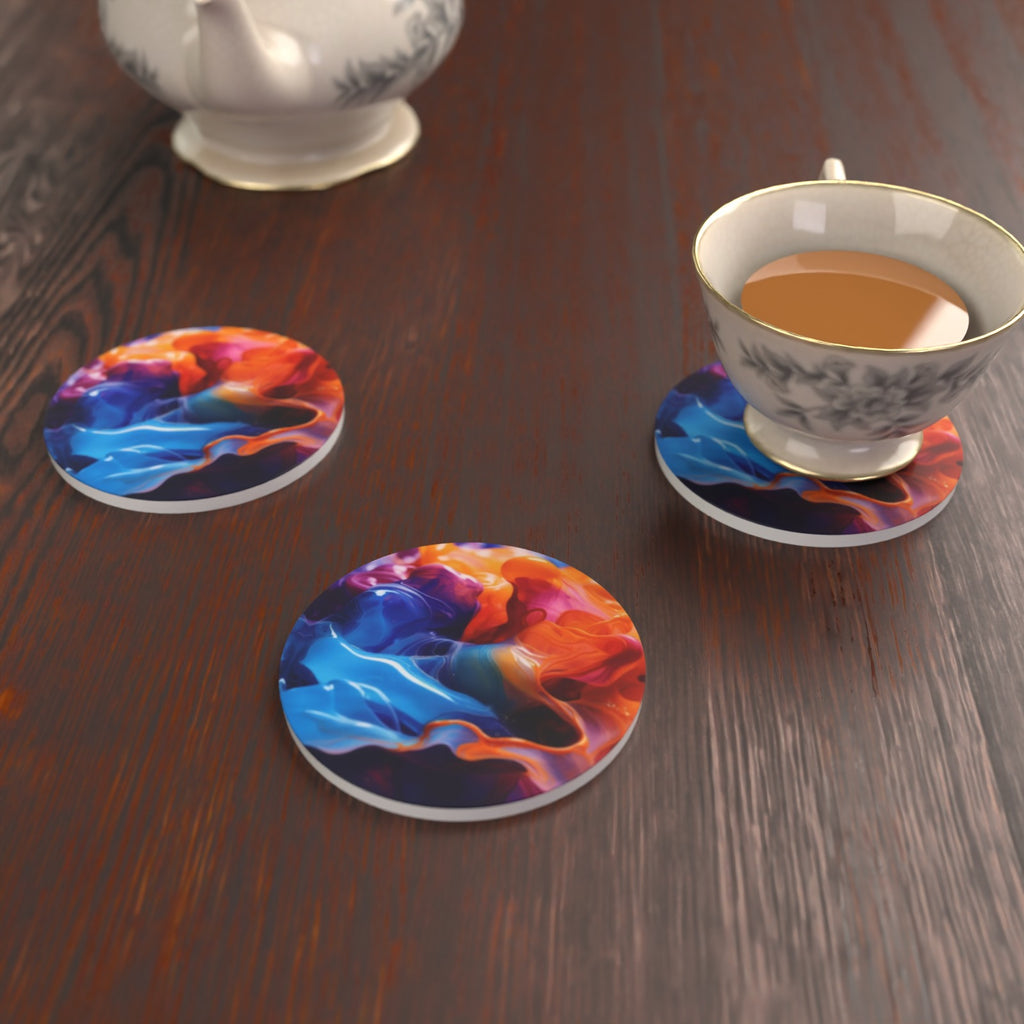 Liquid Splash Blue & Orange Round Ceramic Coasters – Set of 6 – lifestyle mockup 2