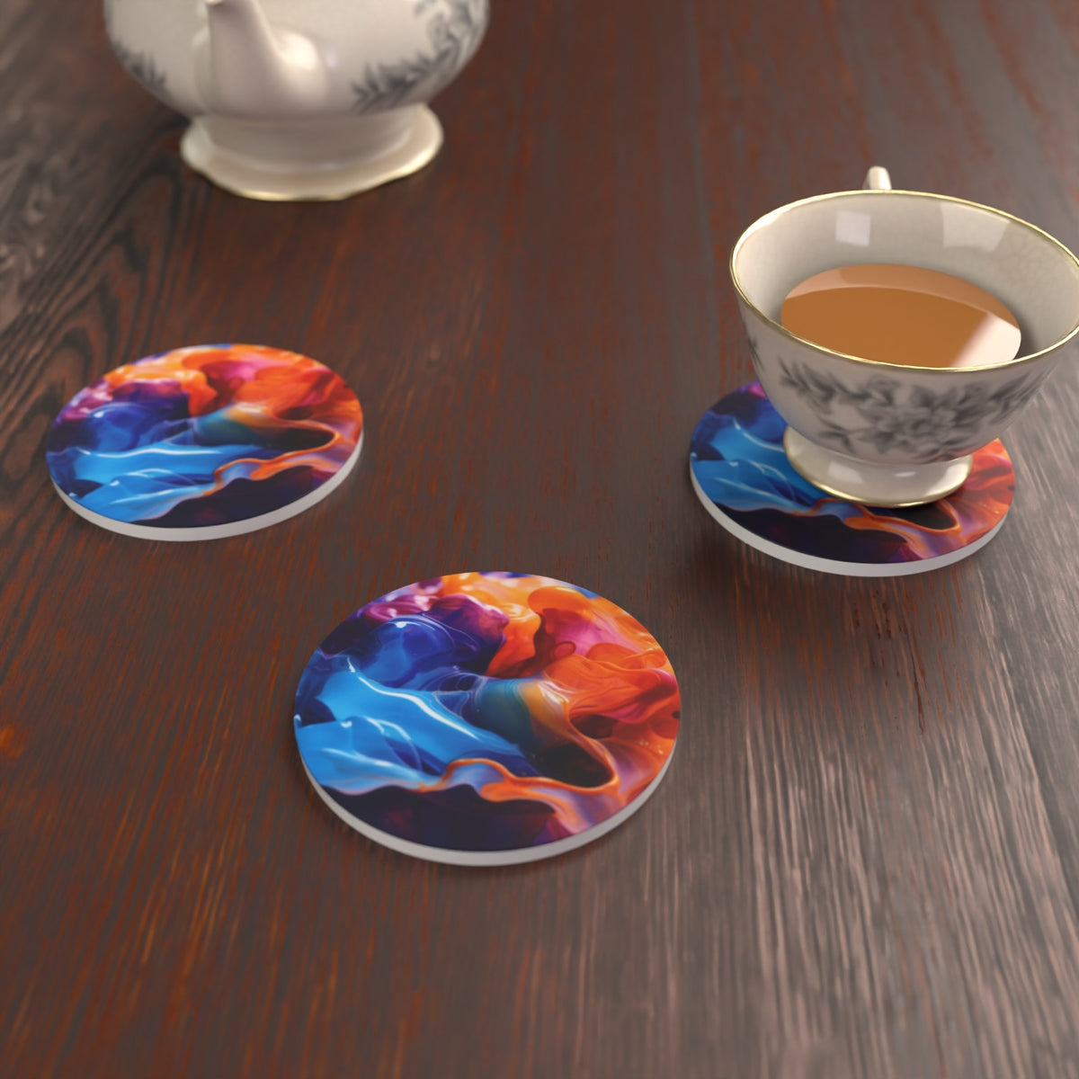 Liquid Splash Blue & Orange Round Ceramic Coasters – Set of 6 – lifestyle mockup 2