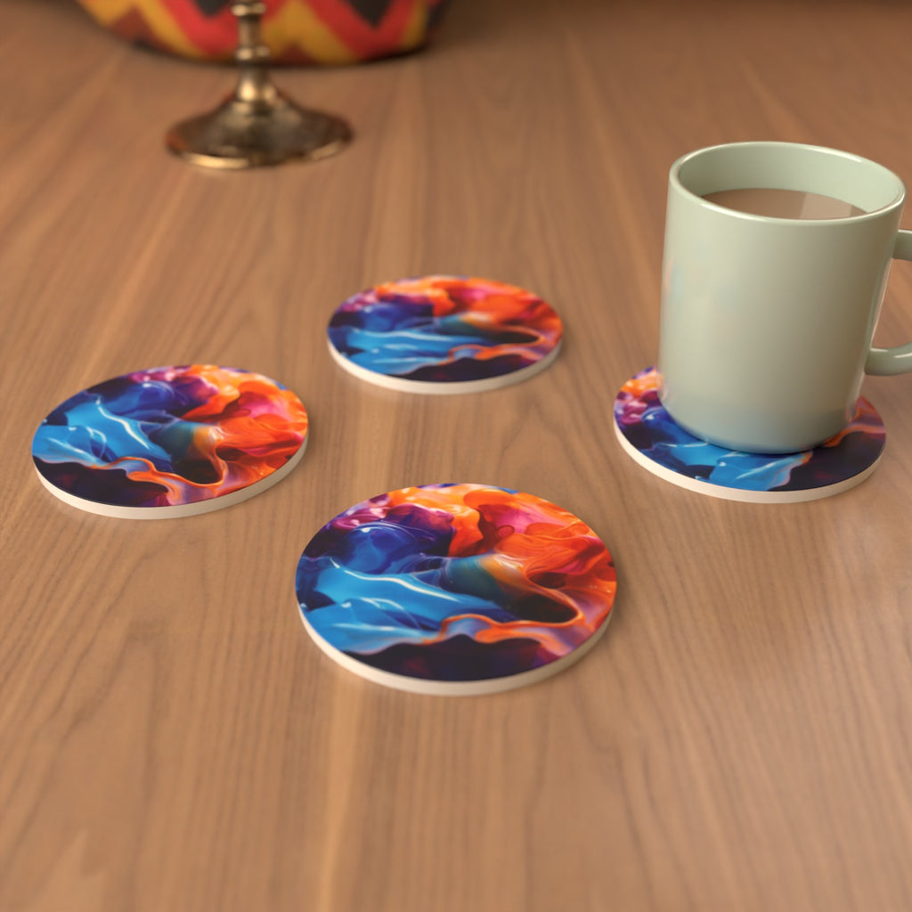 Liquid Splash Blue & Orange Round Ceramic Coasters – Set of 6 – lifestyle mockup 3