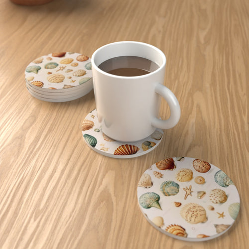 Beach Life Seashell Round Ceramic Coasters – Set of 6 – lifestyle mockup 1