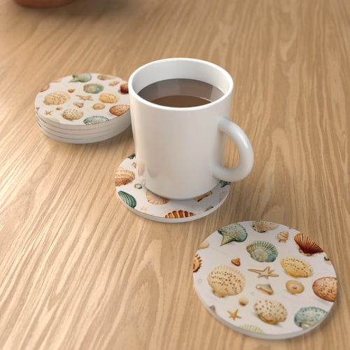 Beach Life Seashell Round Ceramic Coasters – Set of 6 – lifestyle mockup 1