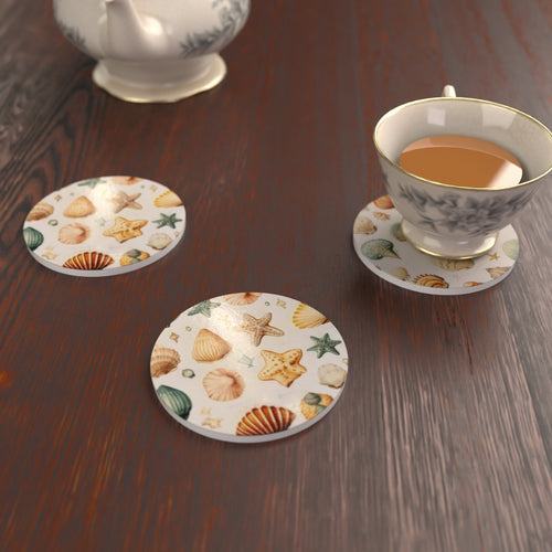 Beach Life Seashell Round Ceramic Coasters – Set of 6 – lifestyle mockup 2