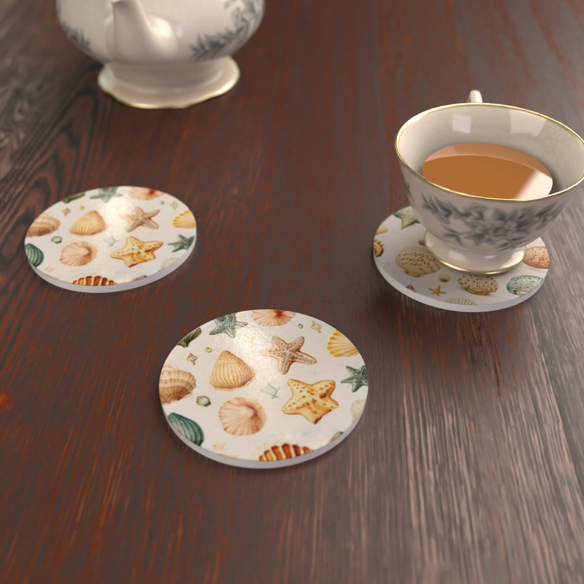 Beach Life Seashell Round Ceramic Coasters – Set of 6 – lifestyle mockup 2
