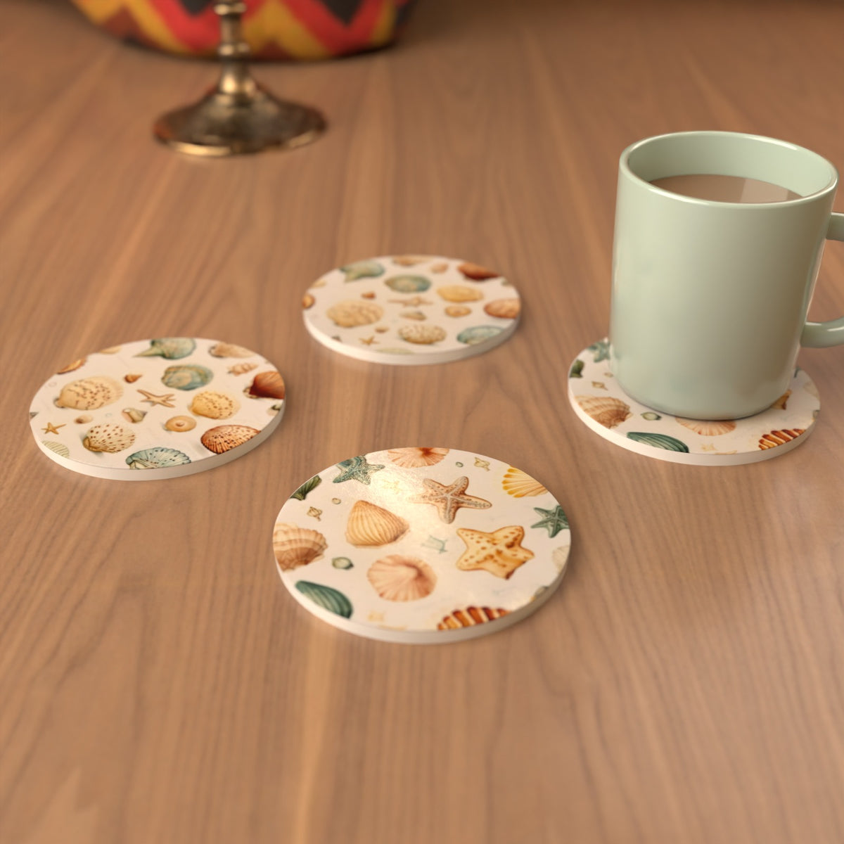 Beach Life Seashell Round Ceramic Coasters – Set of 6 – lifestyle mockup 3