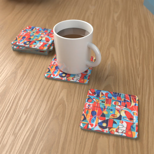 Abstract Minimalist No.2 Square Glass Coasters – Set of 6 – lifestyle mockup 1