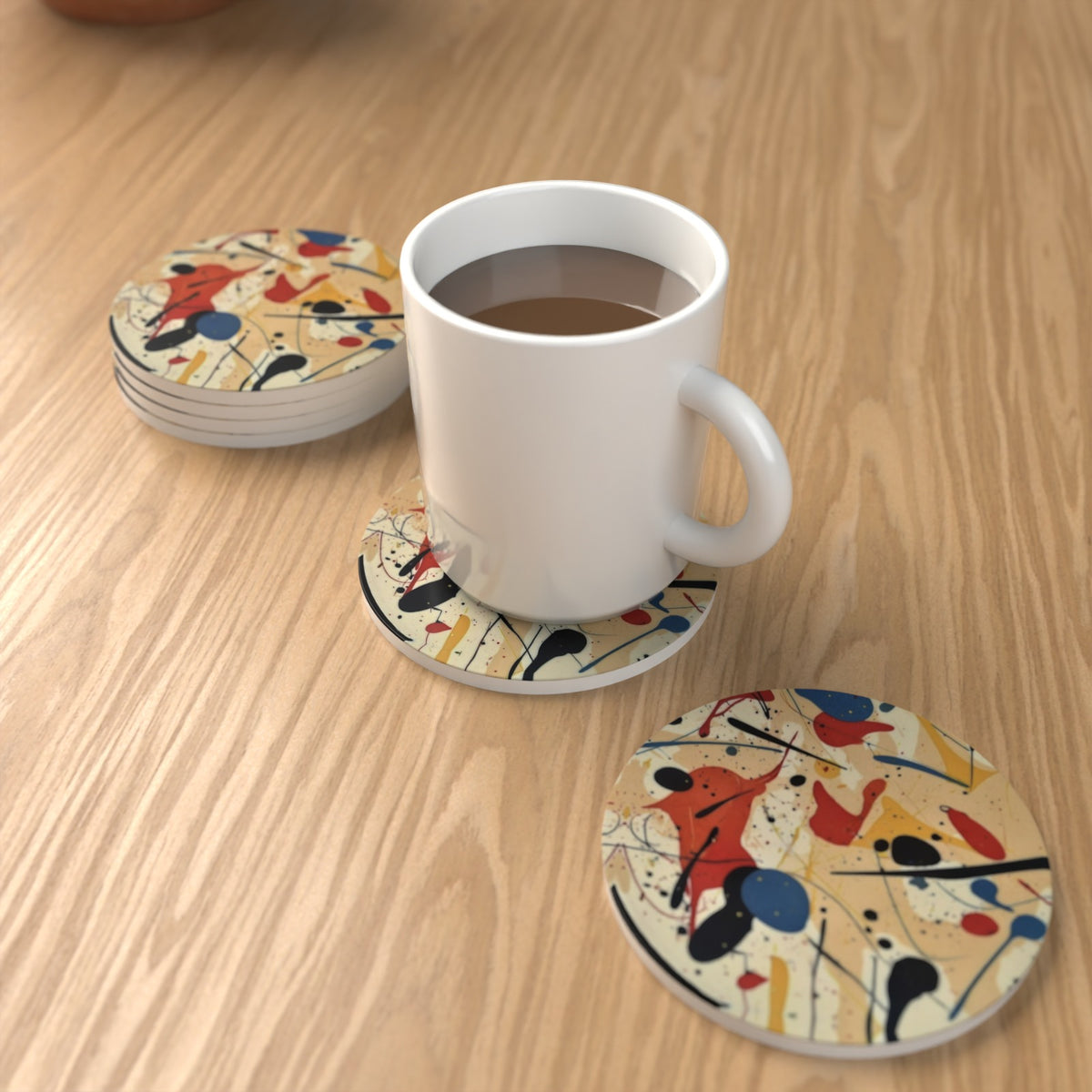 Ink Splat Abstract Round Ceramic Coasters – Set of 6 – lifestyle mockup 1