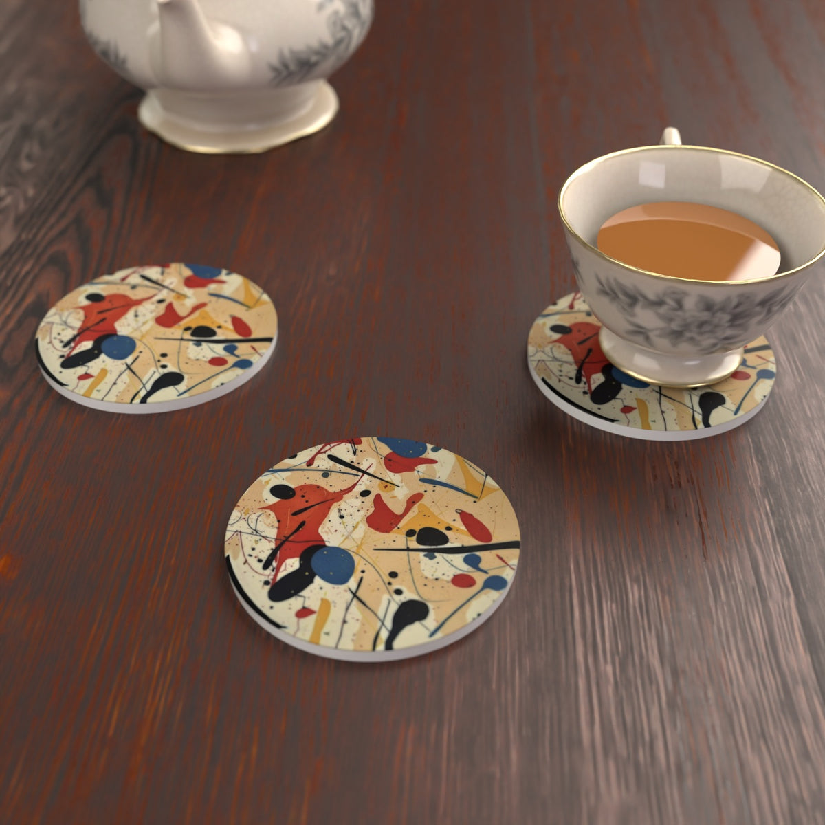 Ink Splat Abstract Round Ceramic Coasters – Set of 6 – lifestyle mockup 2
