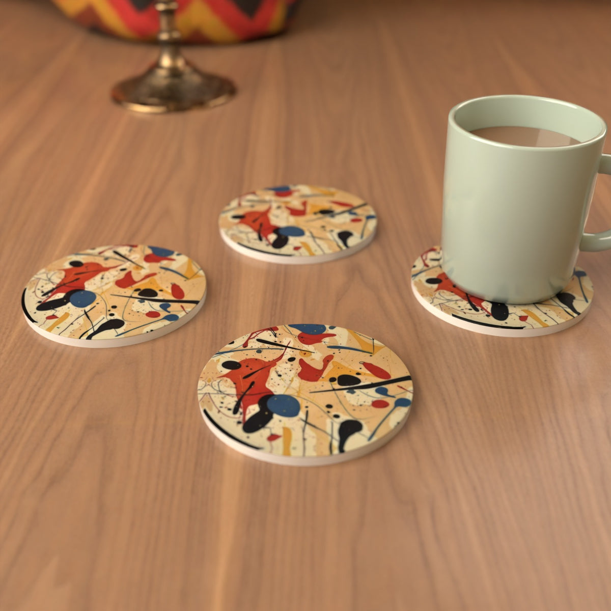 Ink Splat Abstract Round Ceramic Coasters – Set of 6 – lifestyle mockup 3