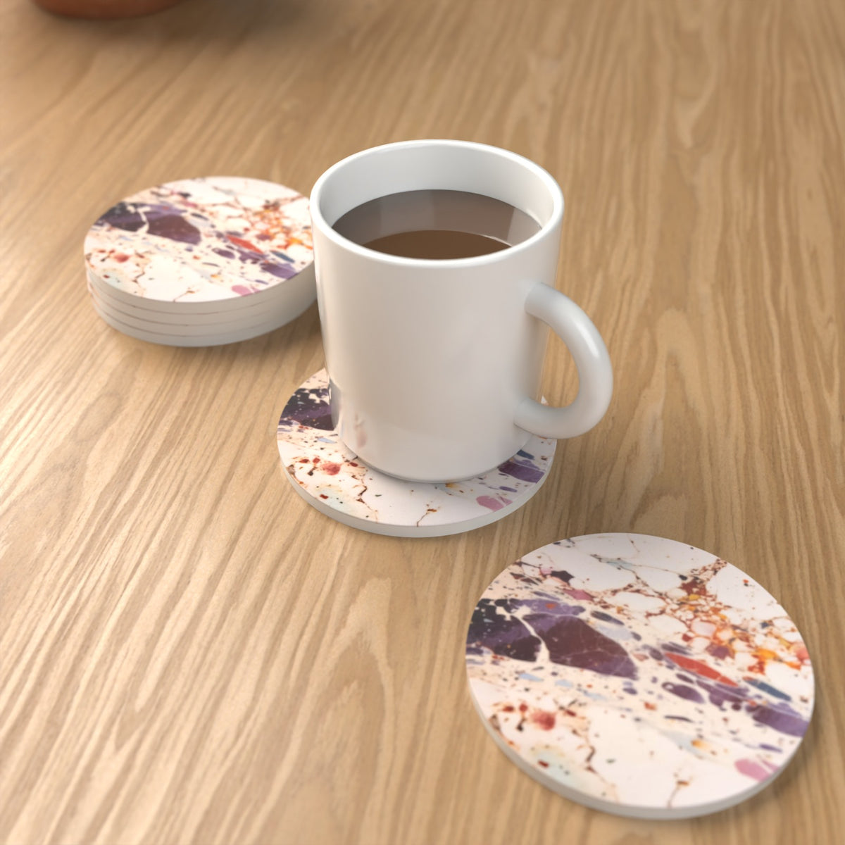 Terrazzo Splash Round Ceramic Coasters – Set of 6 – lifestyle mockup 1