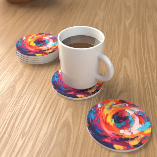 Abstract Vortex No.9 Round Ceramic Coasters – Set of 6 – lifestyle mockup 1