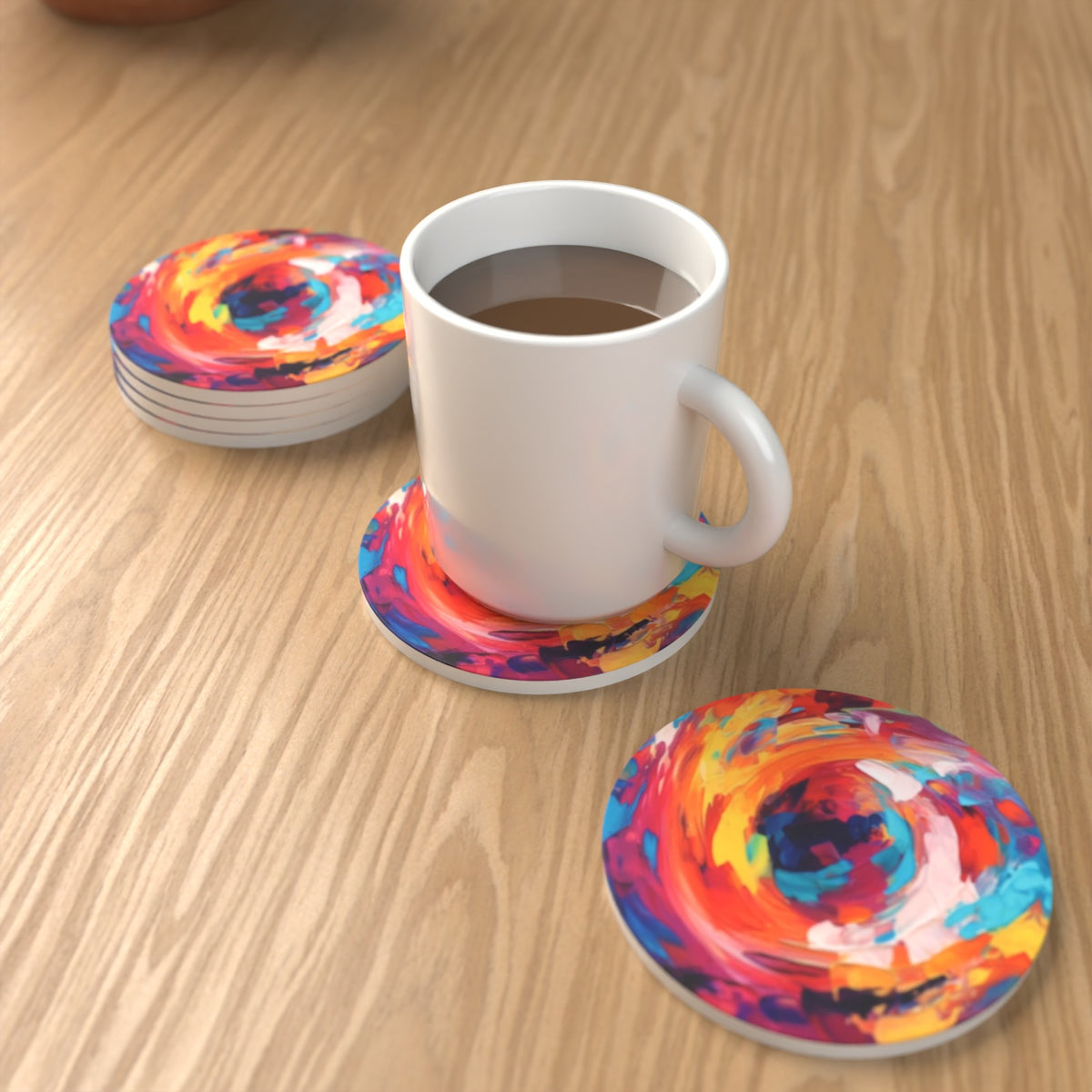 Abstract Vortex No.9 Round Ceramic Coasters – Set of 6 – lifestyle mockup 1