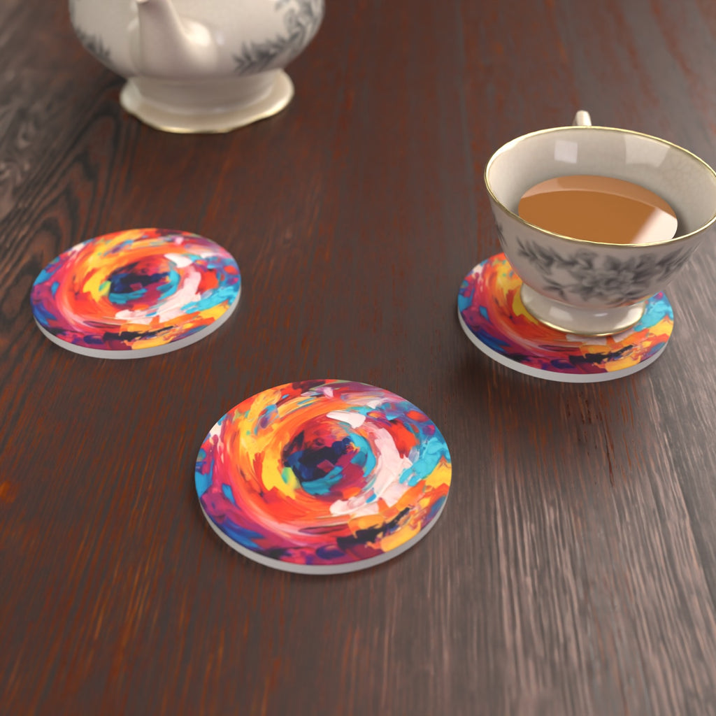 Abstract Vortex No.9 Round Ceramic Coasters – Set of 6 – lifestyle mockup 2