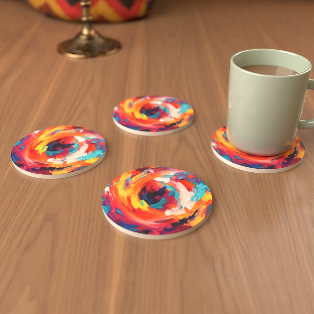 Abstract Vortex No.9 Round Ceramic Coasters – Set of 6 – lifestyle mockup 3