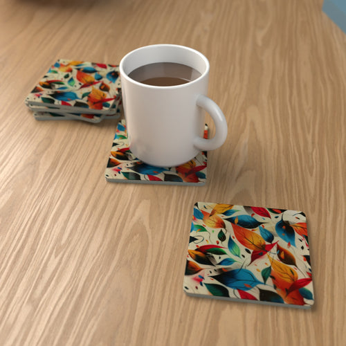 Autumn Woodland Leaves Square Glass Coasters – Set of 6 – lifestyle mockup 1