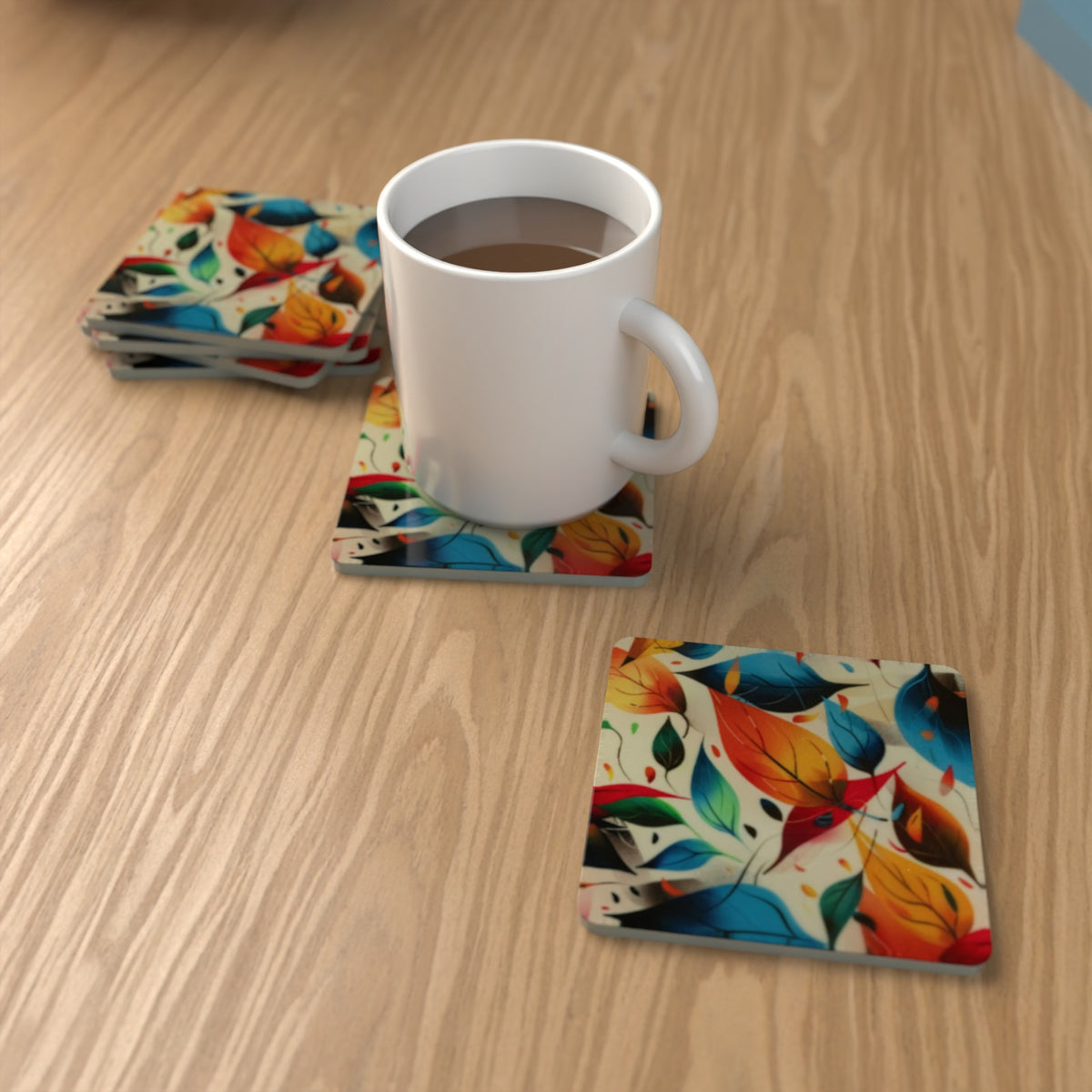 Autumn Woodland Leaves Square Glass Coasters – Set of 6 – lifestyle mockup 1