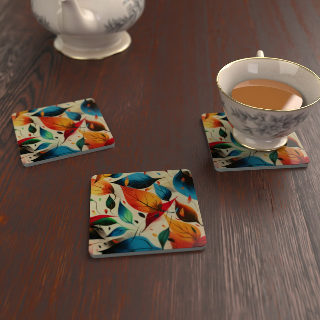 Autumn Woodland Leaves Square Glass Coasters – Set of 6 – lifestyle mockup 2