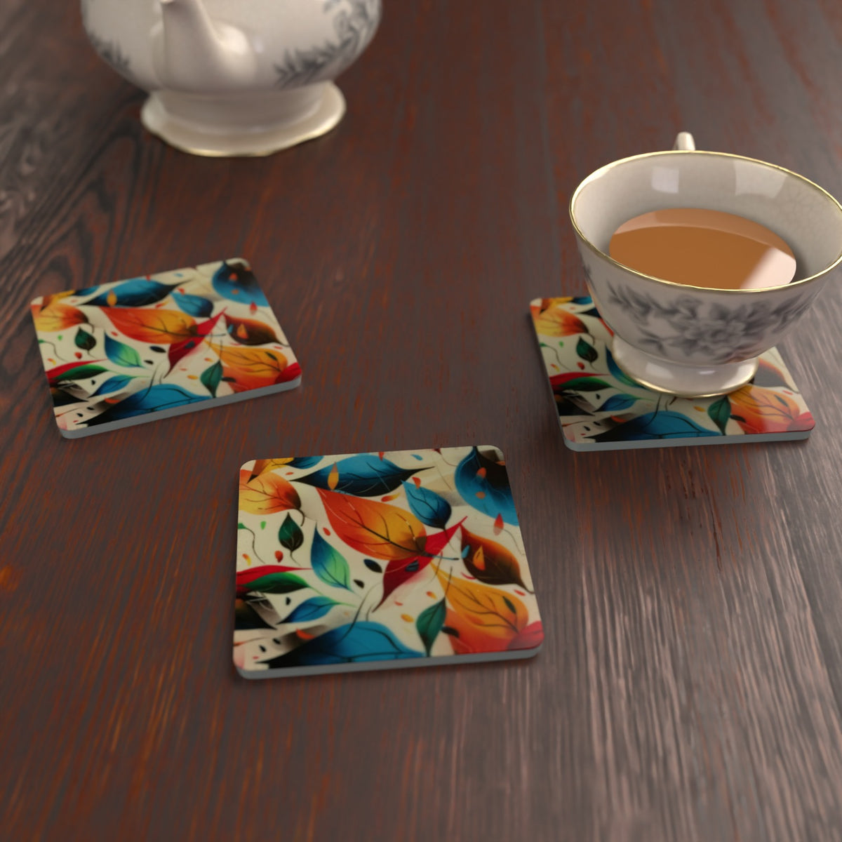 Autumn Woodland Leaves Square Glass Coasters – Set of 6 – lifestyle mockup 2
