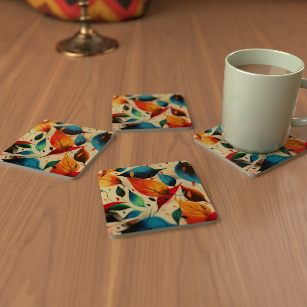 Autumn Woodland Leaves Square Glass Coasters – Set of 6 – lifestyle mockup 3