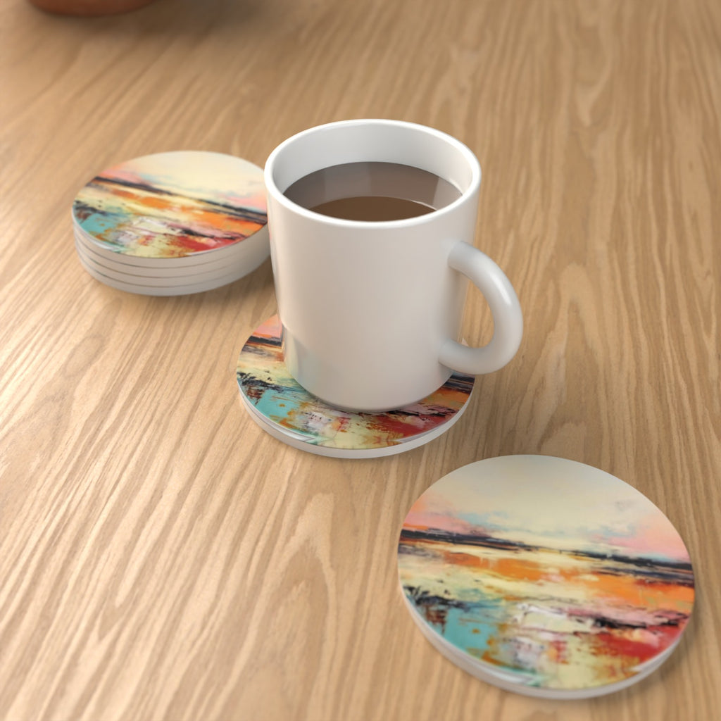 Watercolour Landscape Round Ceramic Coasters – Set of 6 – lifestyle mockup 1