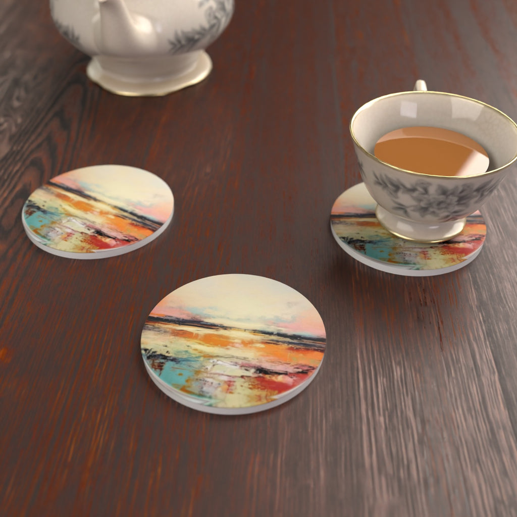Watercolour Landscape Round Ceramic Coasters – Set of 6 – lifestyle mockup 2