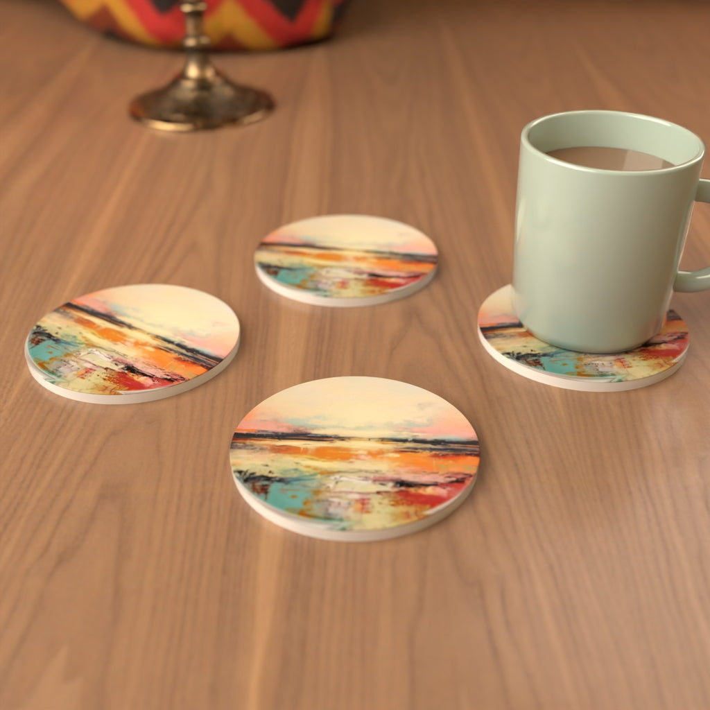Watercolour Landscape Round Ceramic Coasters – Set of 6 – lifestyle mockup 3