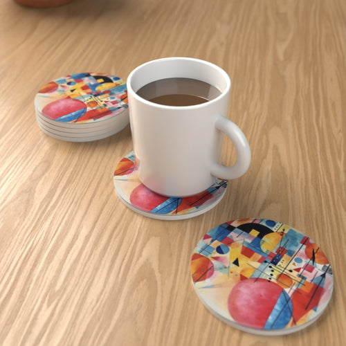 Abstract Geometric Round Ceramic Coasters – Set of 6 – lifestyle mockup 1