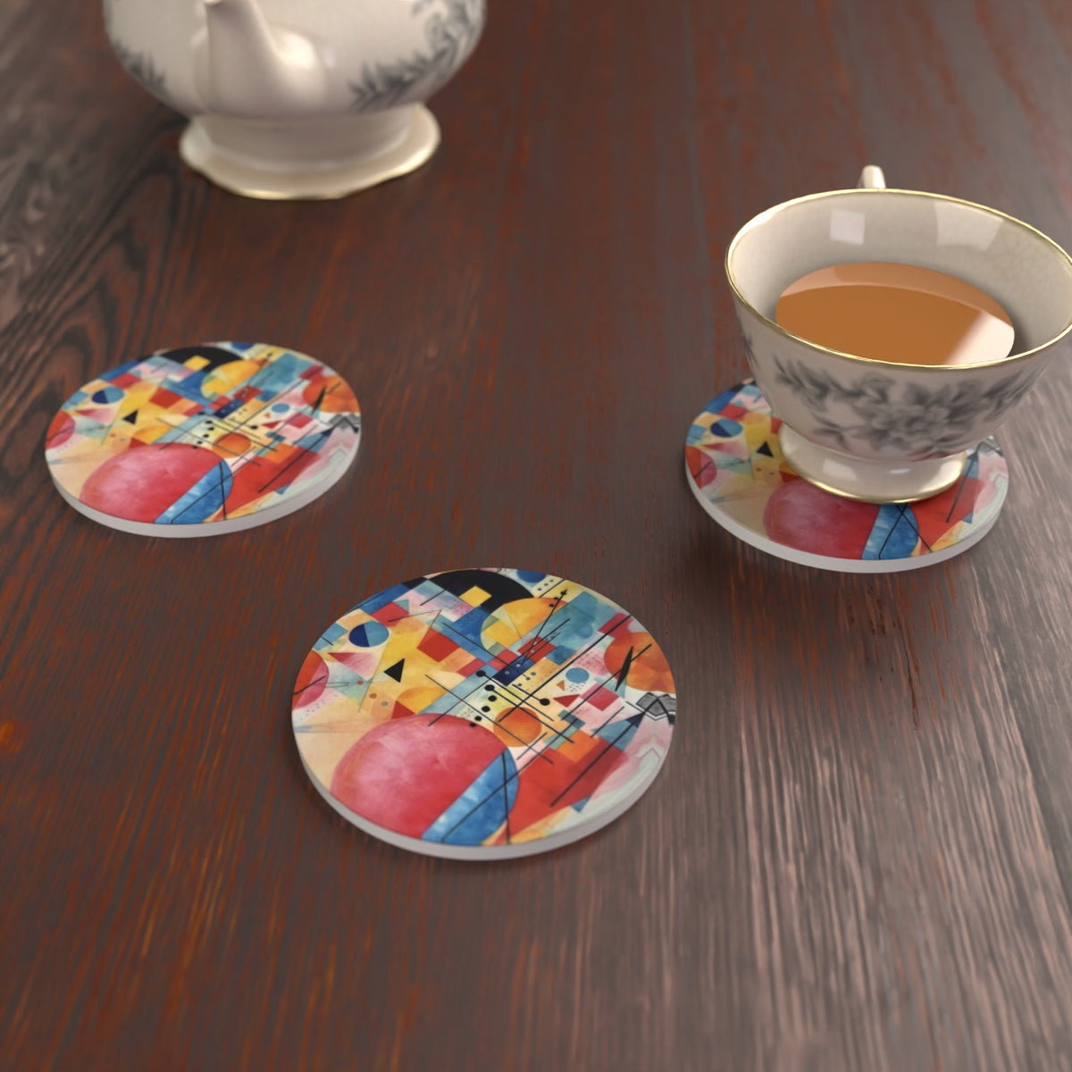 Abstract Geometric Round Ceramic Coasters – Set of 6 – lifestyle mockup 2