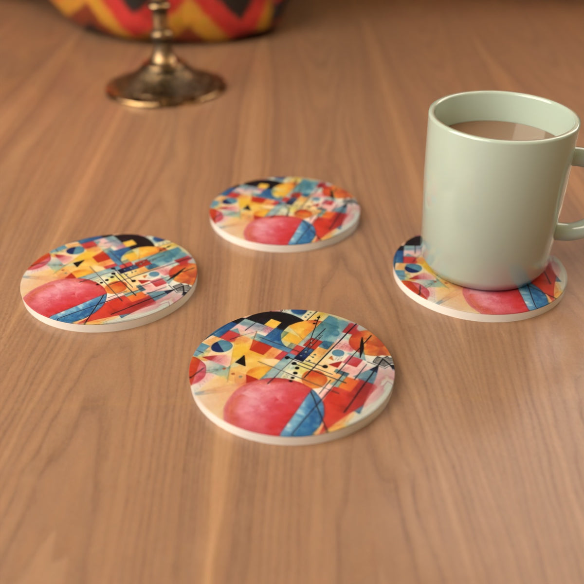 Abstract Geometric Round Ceramic Coasters – Set of 6 – lifestyle mockup 3