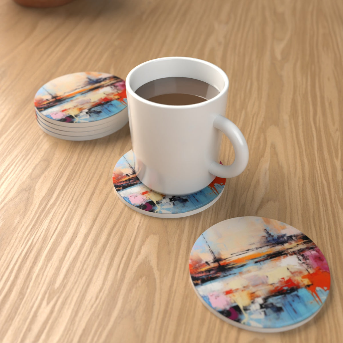 Watercolour Seascape Round Ceramic Coasters – Set of 6 – lifestyle mockup 1