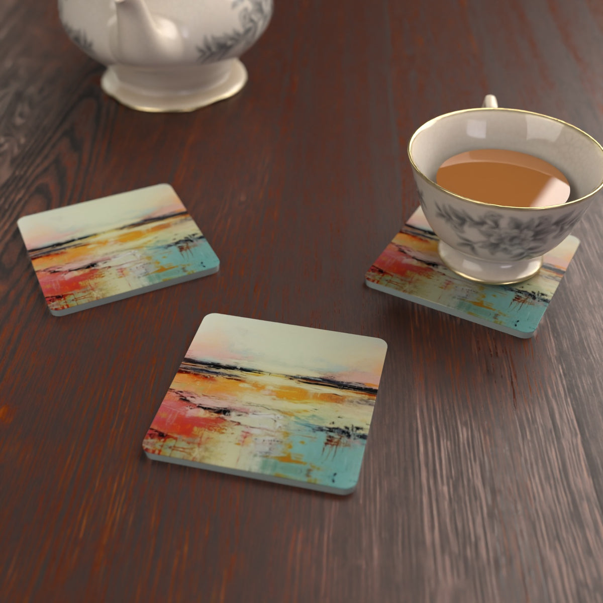 Watercolour Landscape Square Glass Coasters – Set of 6 – lifestyle mockup 2