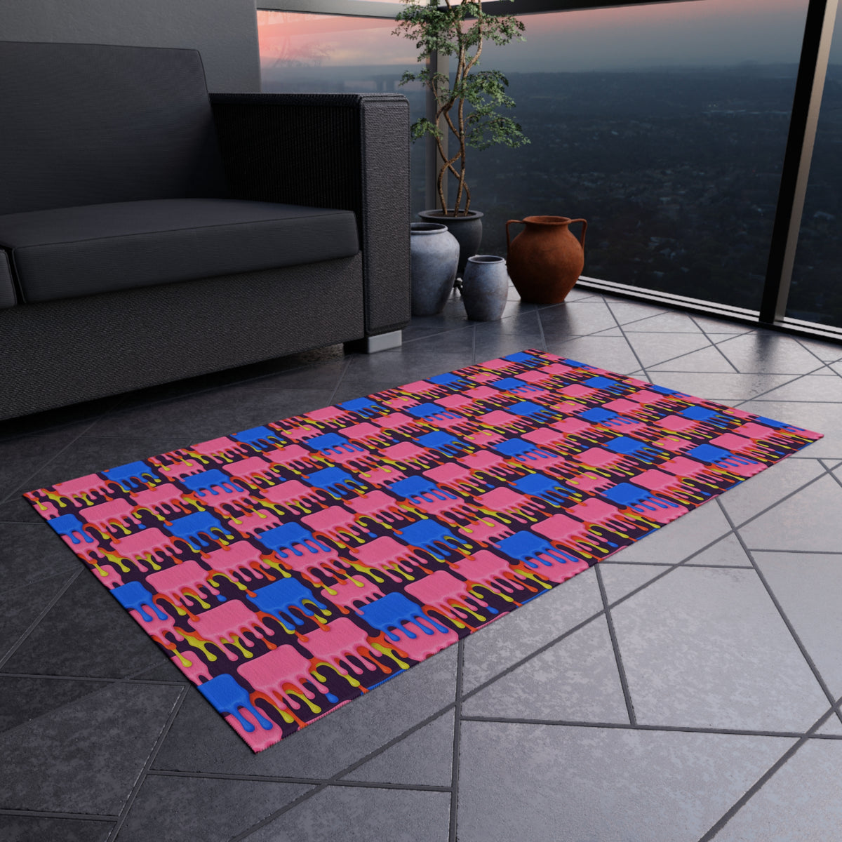 Melting Checkerboard Outdoor Rug – Psychedelic Op-Art Pattern