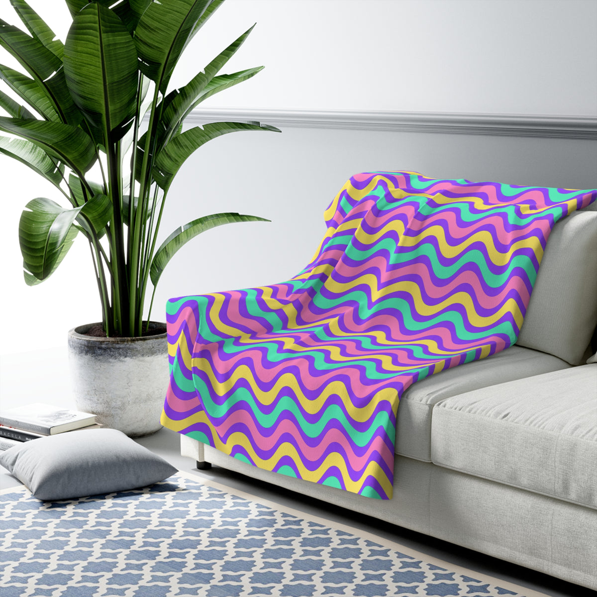 Wide Wave Interference Sherpa Fleece Blanket – Candy Pastel on Grape