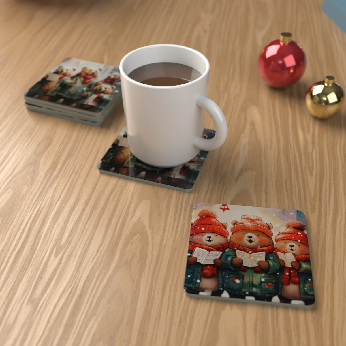 Christmas Carolling Bears Square Glass Coasters – Set of 6 – Pre-order – lifestyle mockup 1
