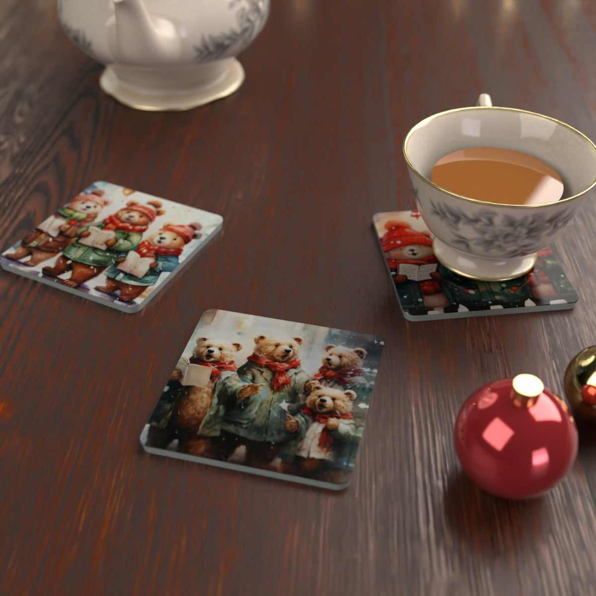 Christmas Carolling Bears Square Glass Coasters – Set of 6 – Pre-order – lifestyle mockup 2