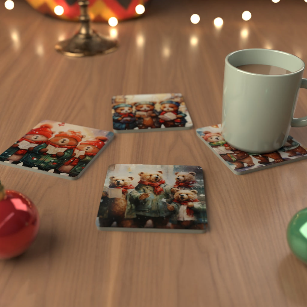 Christmas Carolling Bears Square Glass Coasters – Set of 6 – Pre-order – lifestyle mockup 3