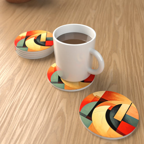 Abstract Cubist No.1 Round Ceramic Coasters – Set of 6 – Pre-order – lifestyle mockup 1