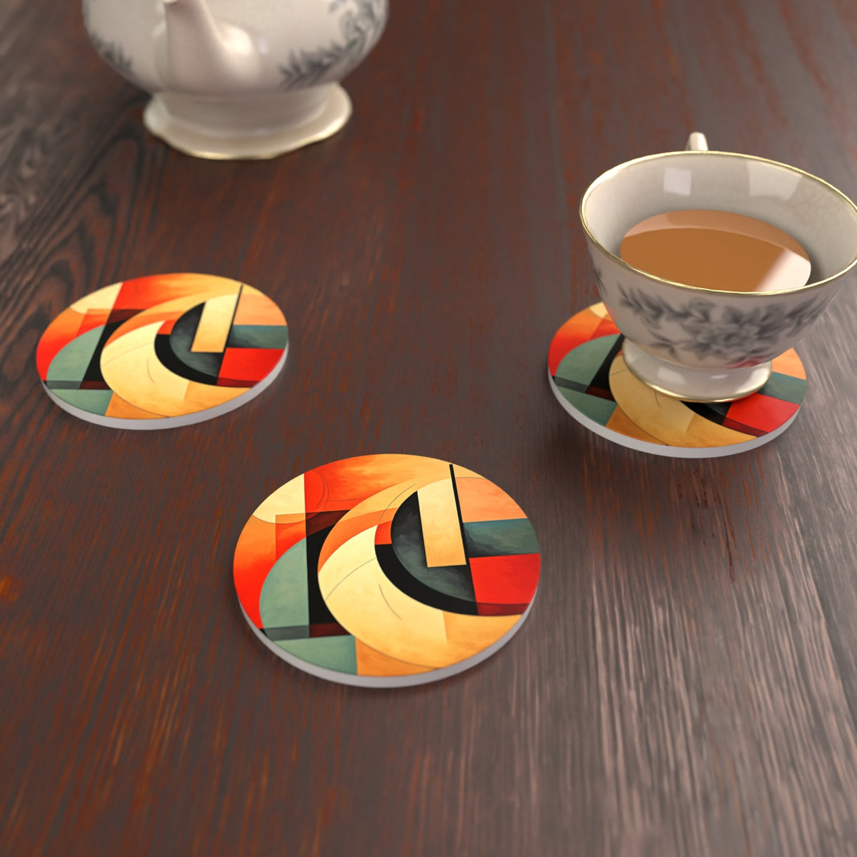Abstract Cubist No.1 Round Ceramic Coasters – Set of 6 – Pre-order – lifestyle mockup 2