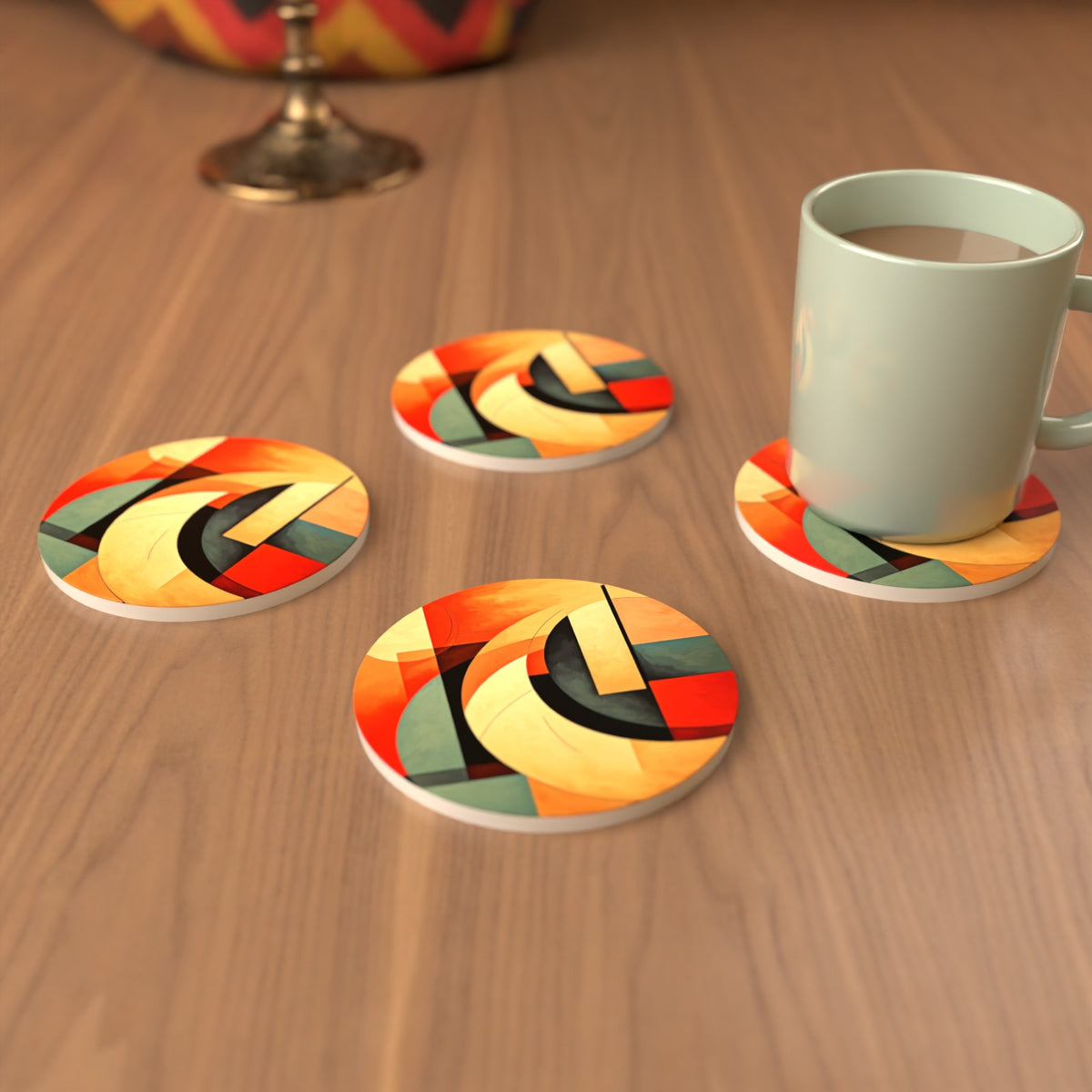 Abstract Cubist No.1 Round Ceramic Coasters – Set of 6 – Pre-order – lifestyle mockup 3