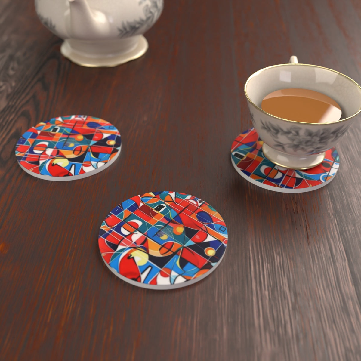 Abstract Minimalist No.2 Round Ceramic Coasters – Set of 6 – Pre-order – lifestyle mockup 2