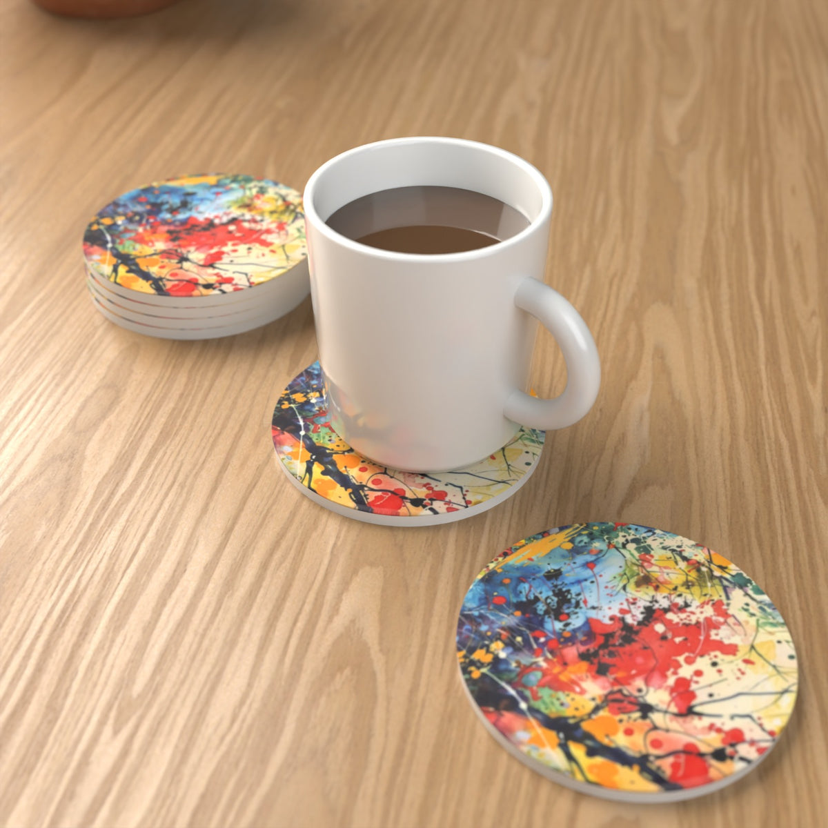 Abstract Spring Woodland Round Ceramic Coasters – Set of 6 – Pre-order – lifestyle mockup 1