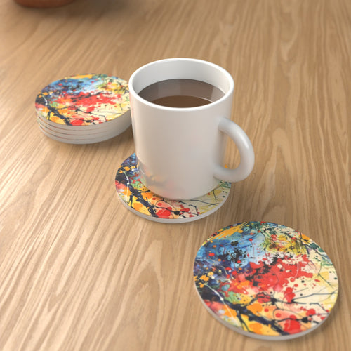 Abstract Spring Woodland Round Ceramic Coasters – Set of 6 – Pre-order – lifestyle mockup 1
