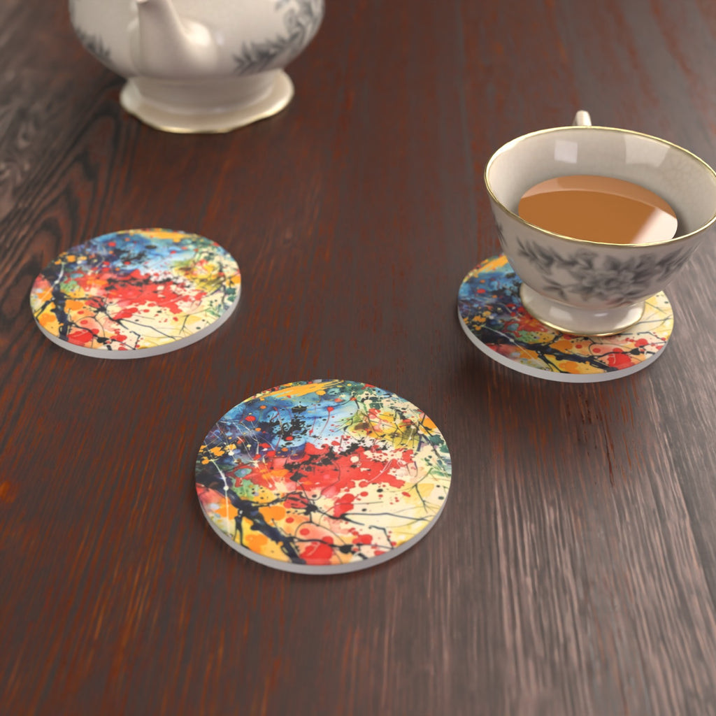 Abstract Spring Woodland Round Ceramic Coasters – Set of 6 – Pre-order – lifestyle mockup 2