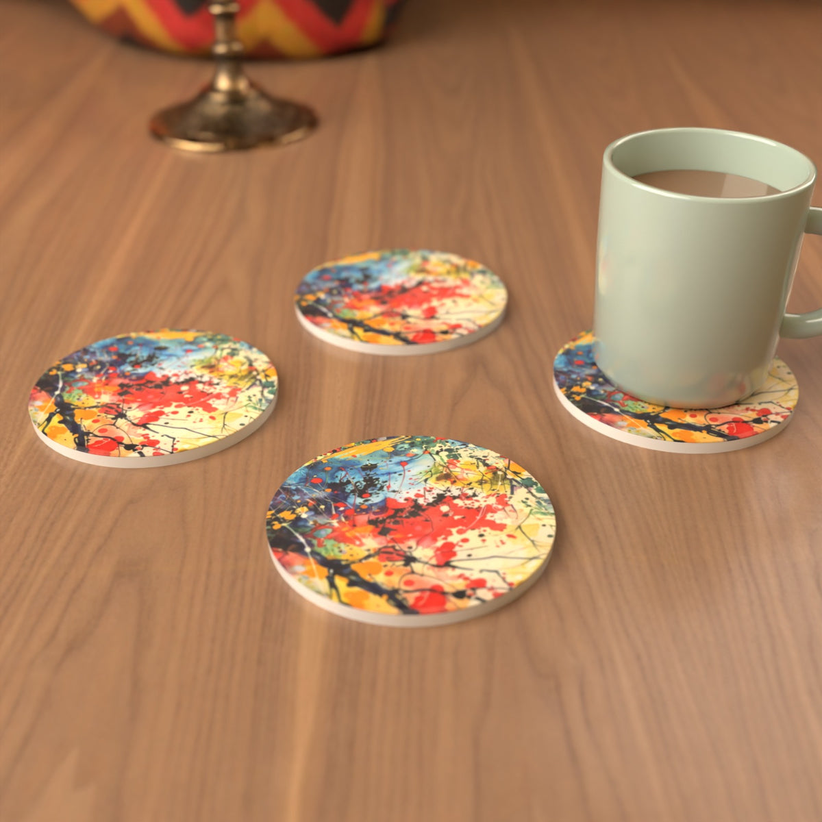 Abstract Spring Woodland Round Ceramic Coasters – Set of 6 – Pre-order – lifestyle mockup 3