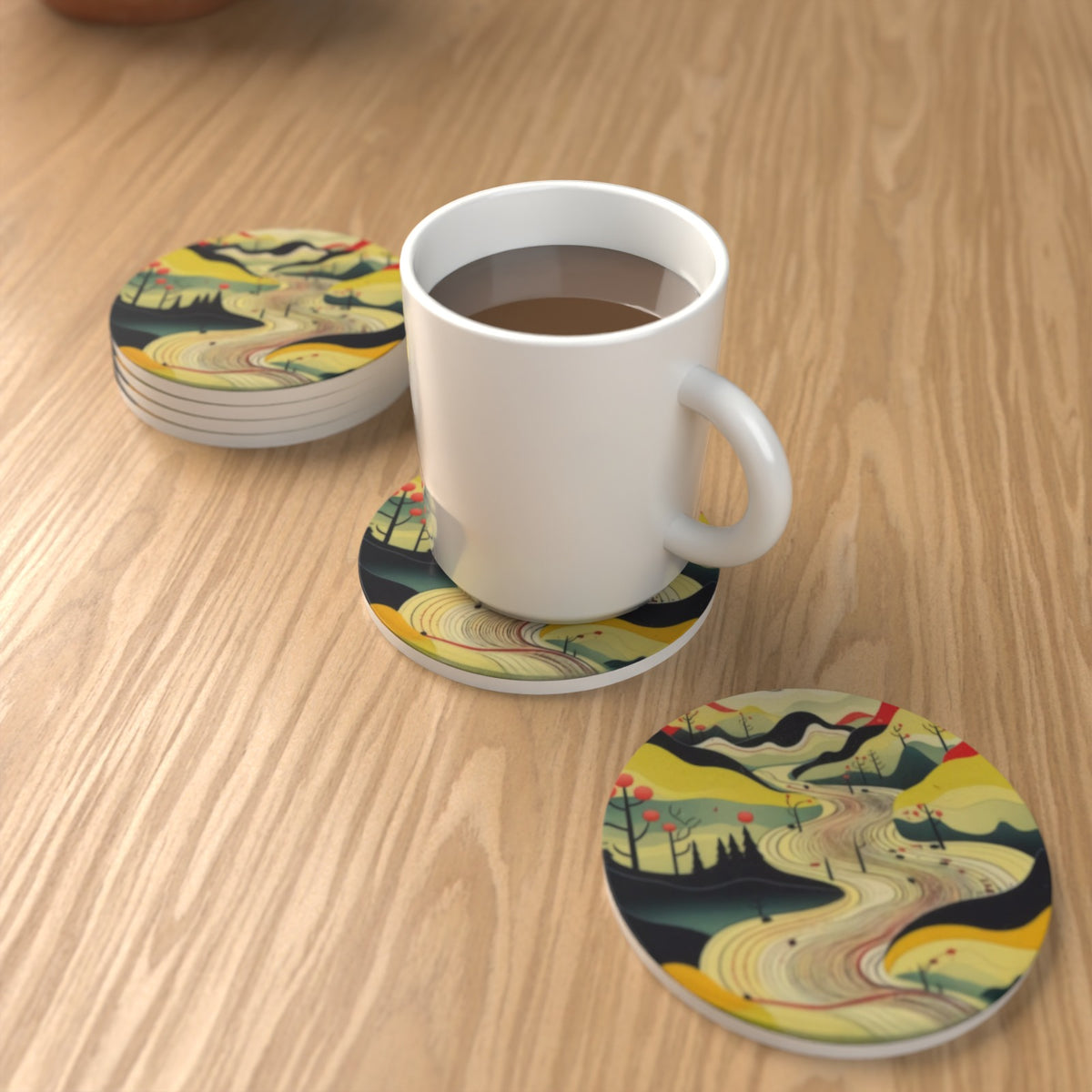 Minimalist Mountain Landscape Round Ceramic Coasters – Set of 6 – Pre-order – lifestyle mockup 1