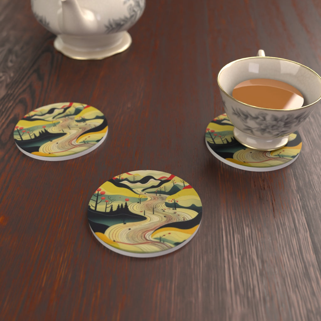 Minimalist Mountain Landscape Round Ceramic Coasters – Set of 6 – Pre-order – lifestyle mockup 2