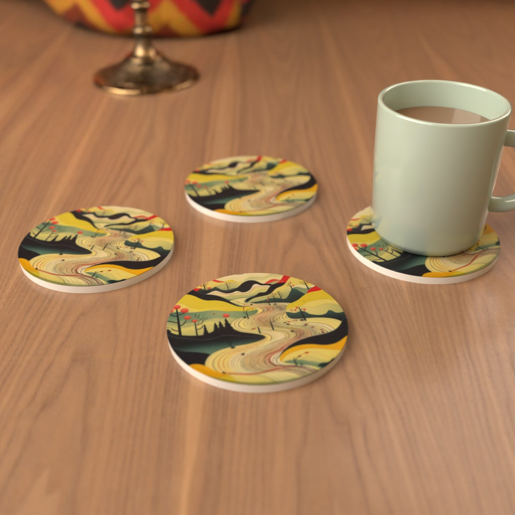 Minimalist Mountain Landscape Round Ceramic Coasters – Set of 6 – Pre-order – lifestyle mockup 3