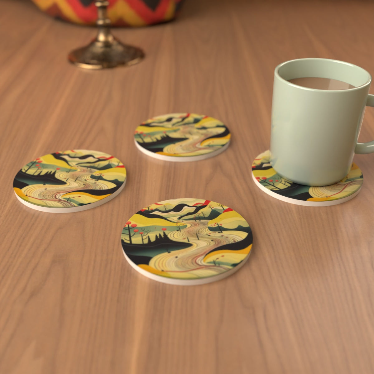 Minimalist Mountain Landscape Round Ceramic Coasters – Set of 6 – Pre-order – lifestyle mockup 3