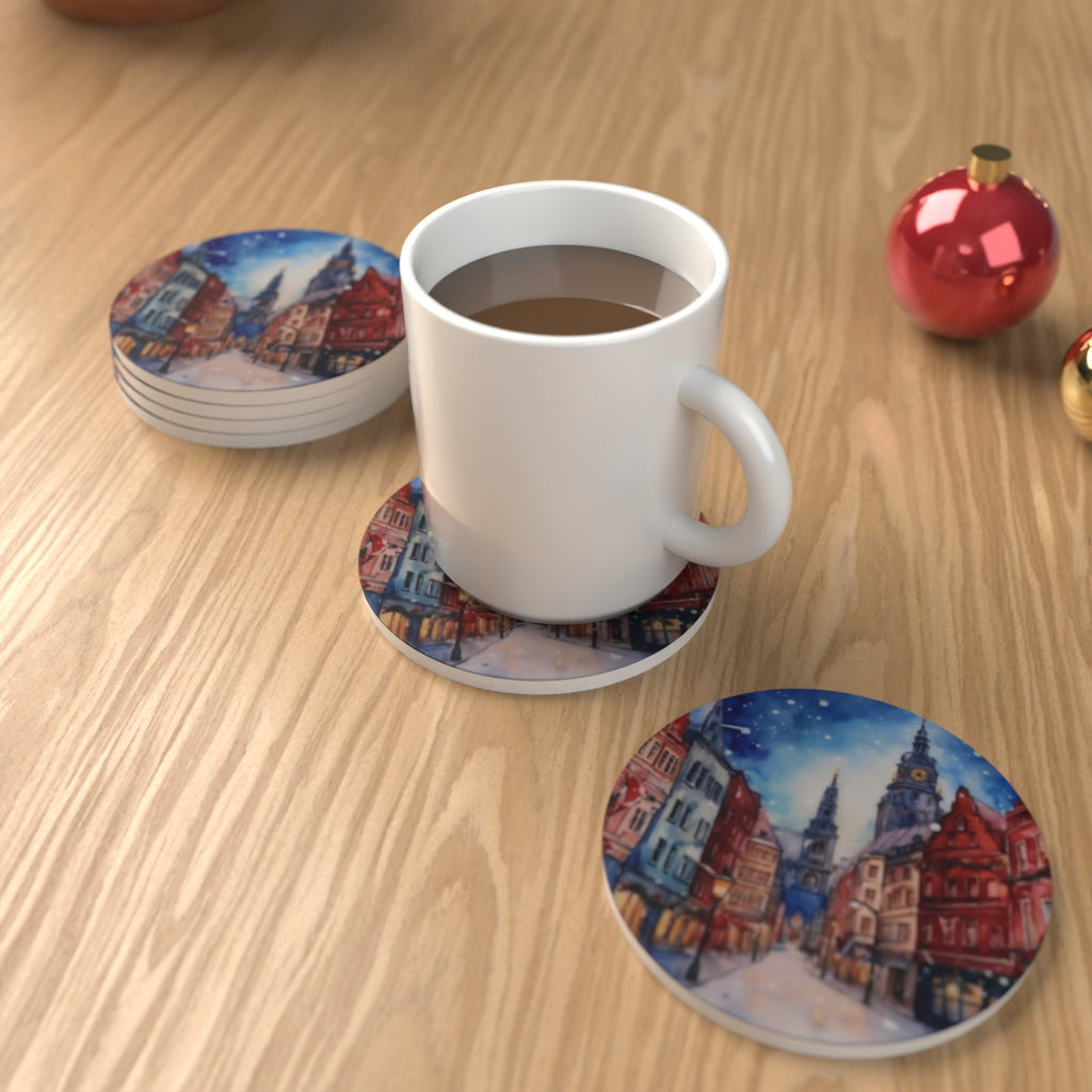 Christmas Watercolour Townscape Round Ceramic Coasters – Set of 6 – Pre-order – lifestyle mockup 1