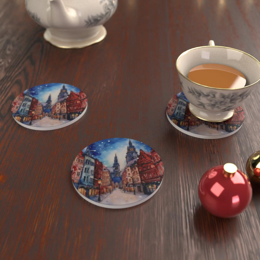 Christmas Watercolour Townscape Round Ceramic Coasters – Set of 6 – Pre-order – lifestyle mockup 2